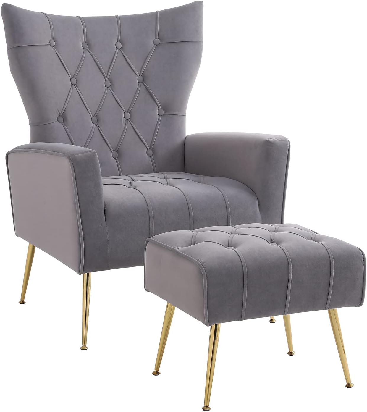 Silla decorativa moderna de terciopelo con otomana, elegante sillón con respaldo de ala con patas de metal dorado, cómodo sofá tapizado individual