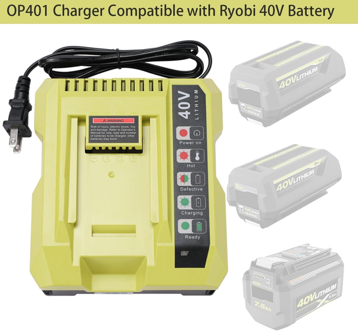 OP401 – Cargador de batería de 40 V para Ryobi Li-ion Batería Compatible con Ryobi 40V Batería OP4015 OP40201 OP4026 OP4026A OP4030 OP4040 OP4050