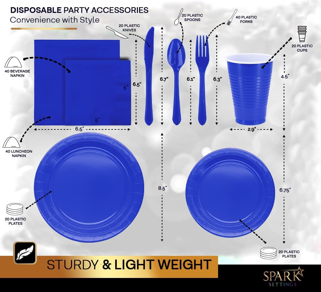 SparkSettings Juego de suministros de fiesta azul real, platos de papel, vasos de plástico, tenedores, cuchillos, cucharas, servilletas, mantel para