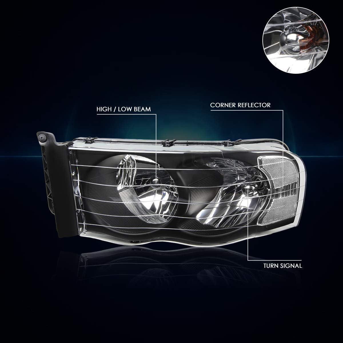 PM PERFORMOTOR 2 faros delanteros de repuesto compatibles con Dodge Ram 02-05  Faros delanteros con carcasa negra esquina transparente
