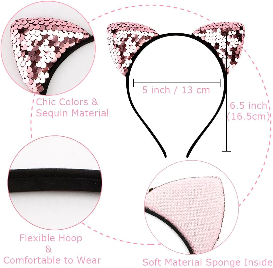 Diadema reversible con orejas de gato, con lentejuelas brillantes, para niñas y mujeres, 6 unidades