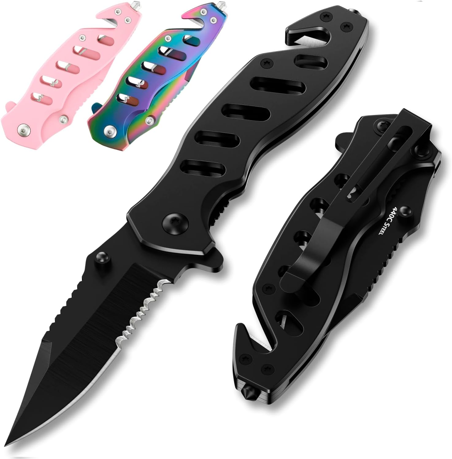 Cuchillo táctico legal para hombres y mujeres, cuchillo de bolsillo pequeño negro de hoja dentada de 2.68 pulgadas con cortador de cinturón de