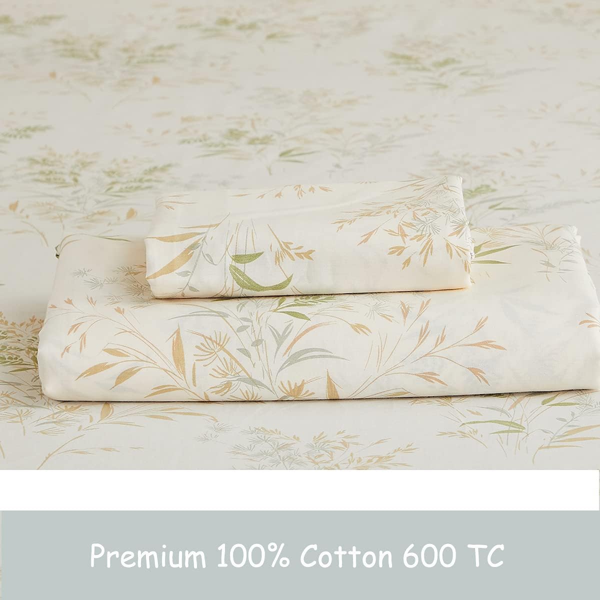 FADFAY Juego de sábanas de hojas florales, tamaño King, 100% algodón de primera calidad, 600 hilos, ropa de cama de flores verdes y crema, estampado
