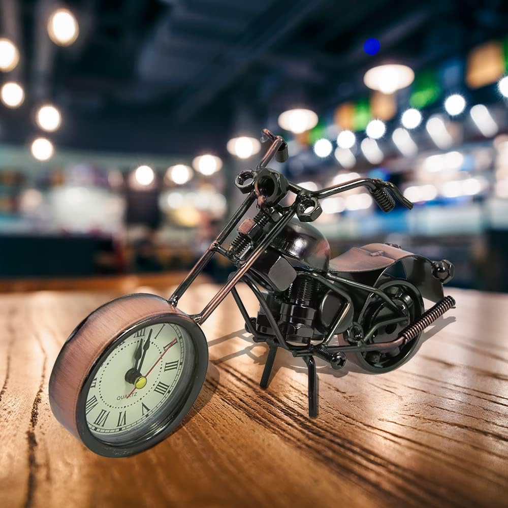 Winterworm Modelo creativo de motocicleta con reloj, adorno de metal de hierro, figura de motocicleta de bronce retro para el día del padre,