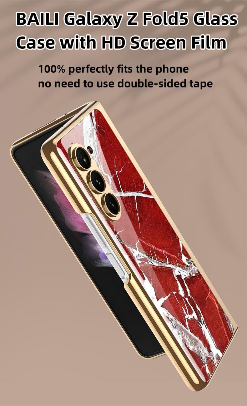 BAILI Funda para Galaxy Z Fold5, funda de vidrio Z Fold 5, funda protectora de vidrio templado ultrafina 9H Fold5, cubierta trasera de pintura de