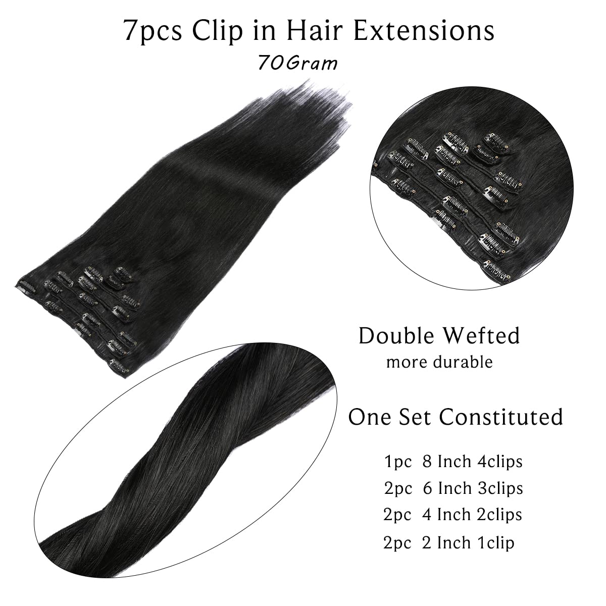 Extensiones de cabello humano con clip, 7 piezas, 2.4onzas, 15, 18, 20, 22 pulgadas, sedoso y liso, con tramas, sin costuras, para extensiones de