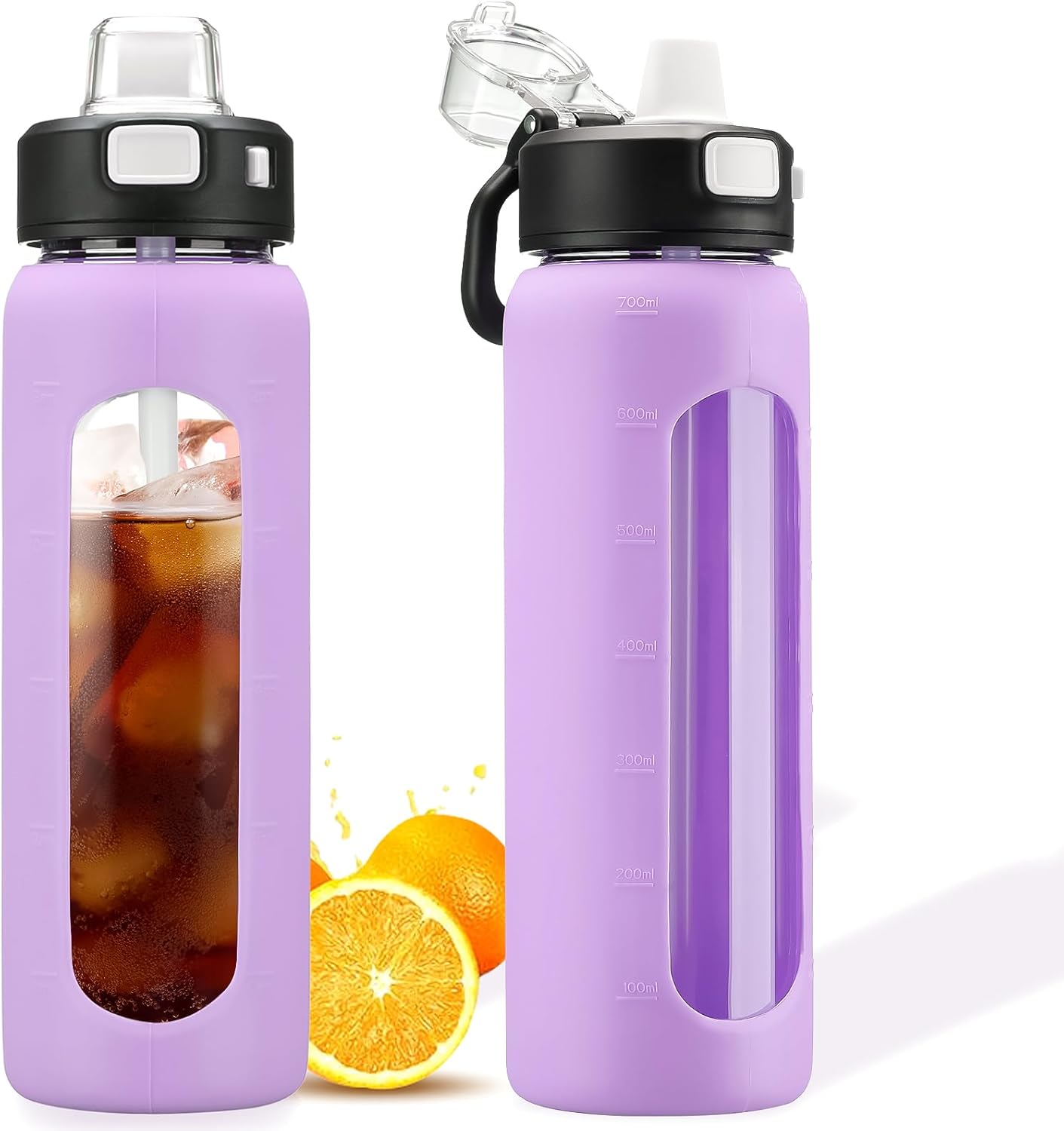 BLUEGO Botella de agua de vidrio de 24 onzas, botella de agua motivacional con marcador de tiempo y popote, botellas de agua con tapa de bloqueo y
