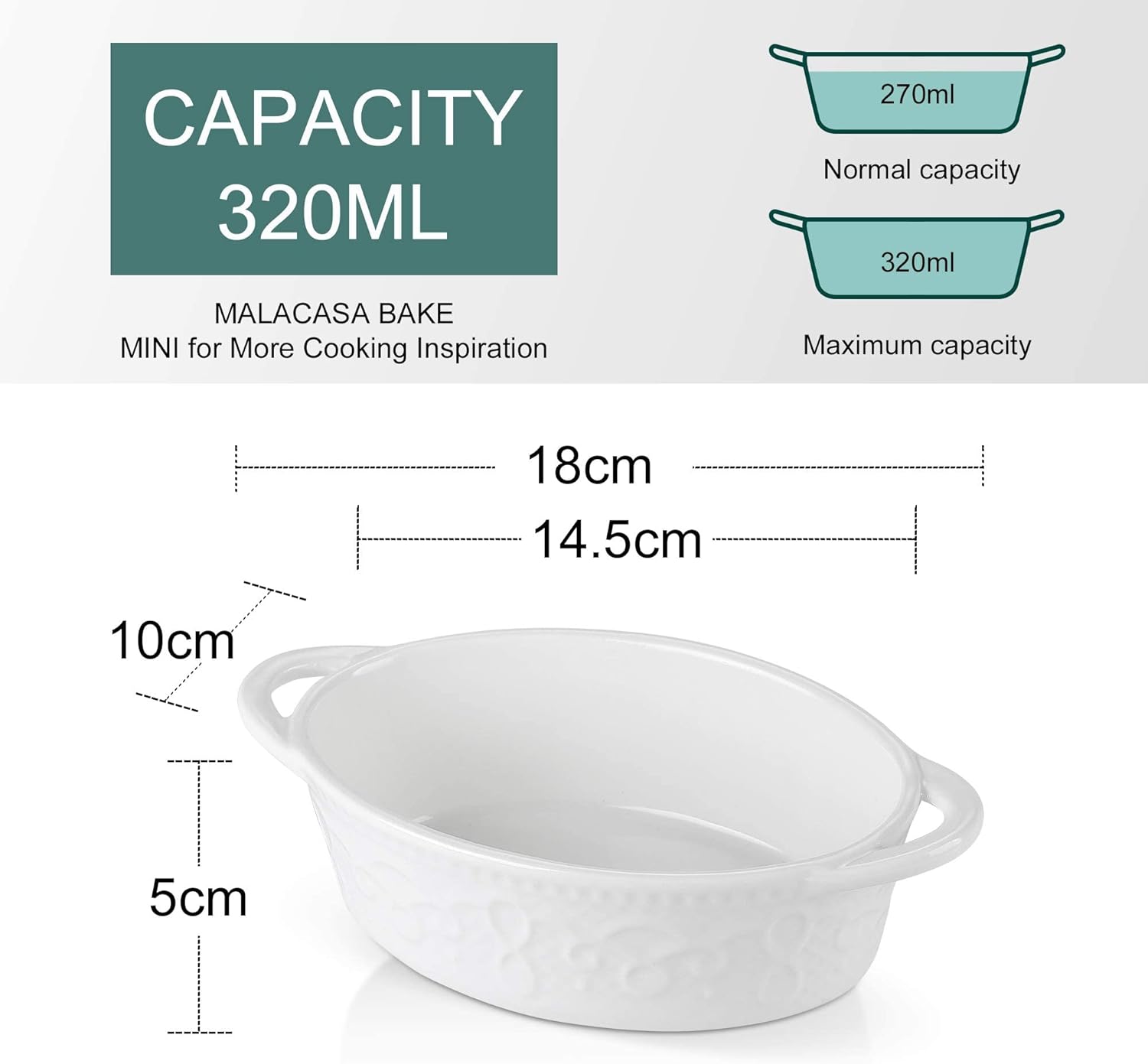 MALACASA Platos de soufflé, Ramequines de 10.5 onzas para hornear, cuencos con patrón de vid blanca con doble asa, aptos para horno, para pudín,