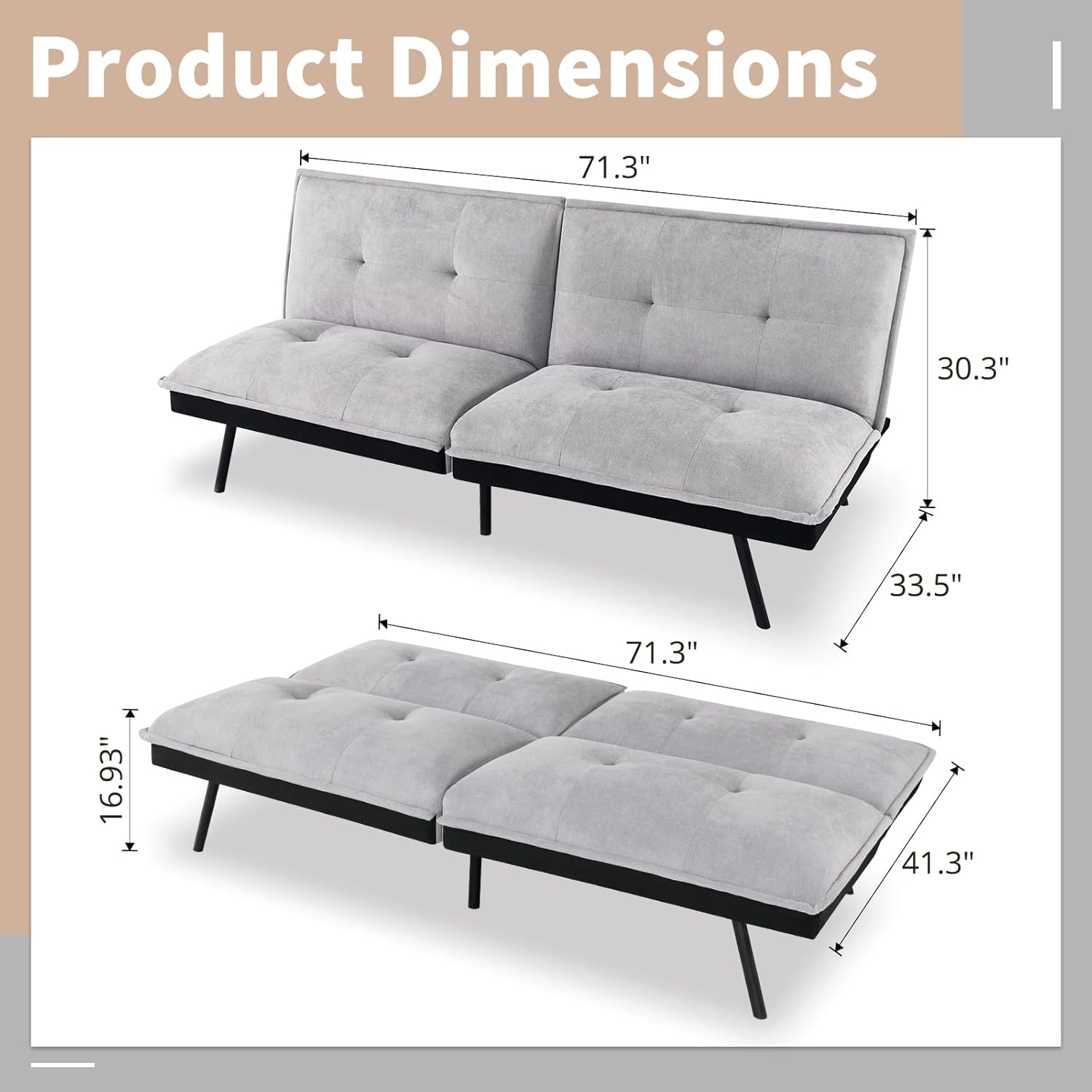 IULULU Sofá cama tipo futón, moderno, convertible, sin brazos, para estudio, apartamento, oficina, espacio pequeño, sala de estar compacta, color