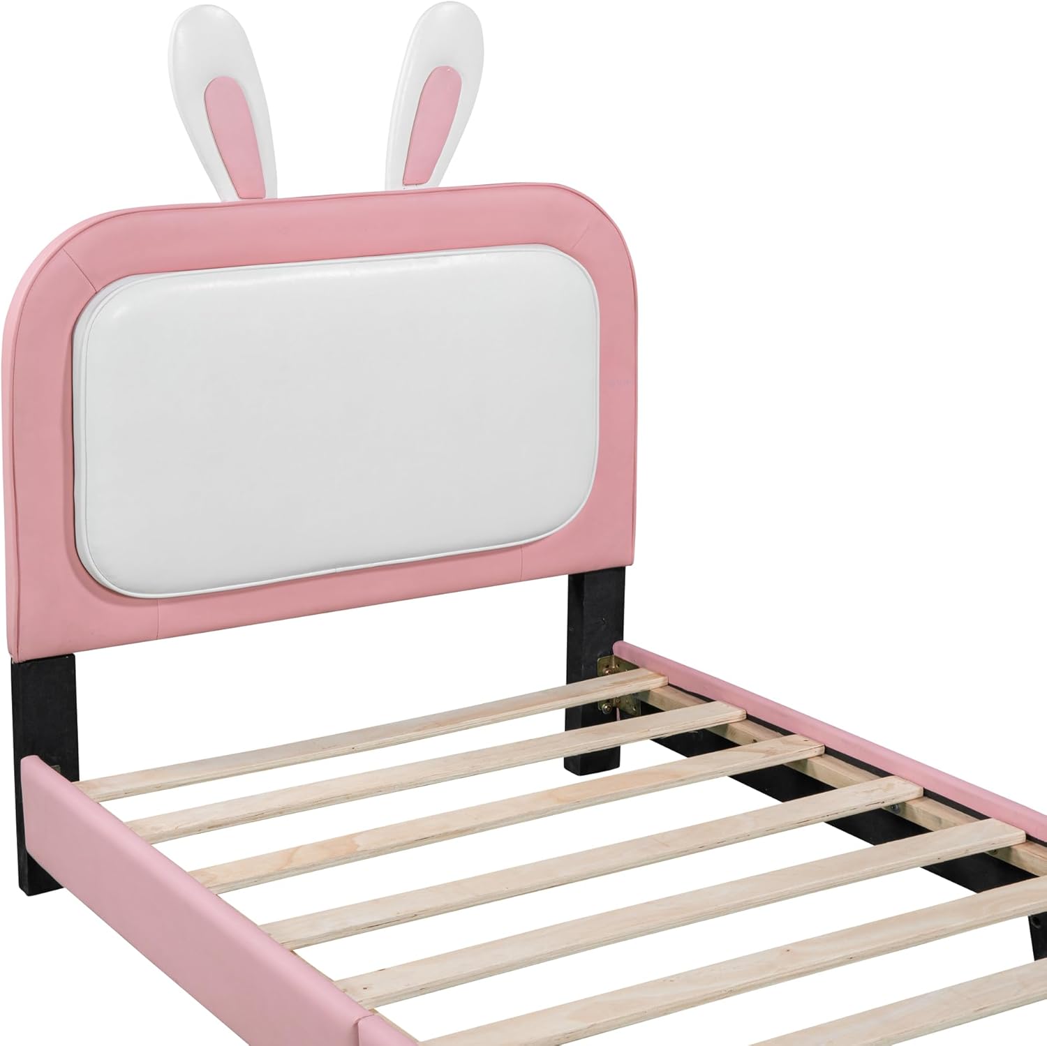 Cama de princesa tapizada en forma de conejo de tamaño individual con cabecero y estribo, plataforma tapizada de piel sintética para niños y