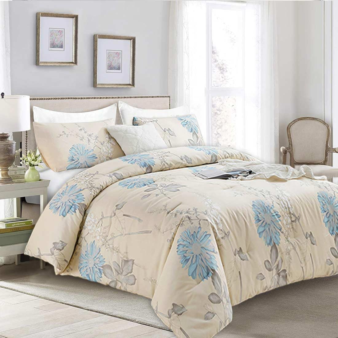 ETDIFFE Juego de edredón beige tamaño Queen, 3 piezas de ramas marrones y flores azules, juego de ropa de cama con estampado floral blanco roto,