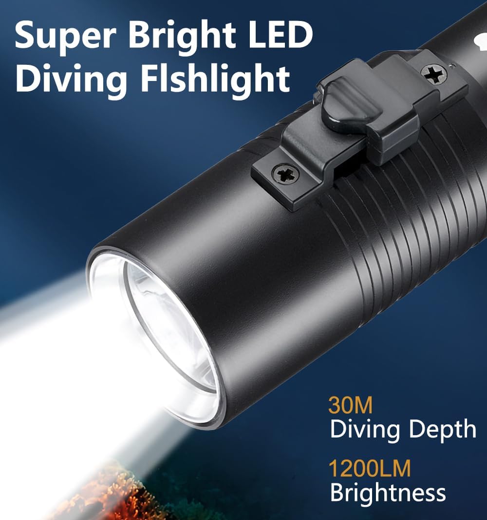 WINDFIRE Linterna de buceo de 1200 lúmenes de alto lumen, luces de buceo LED profesionales, linternas subacuáticas, 98.4 ft, IPX7, impermeable,