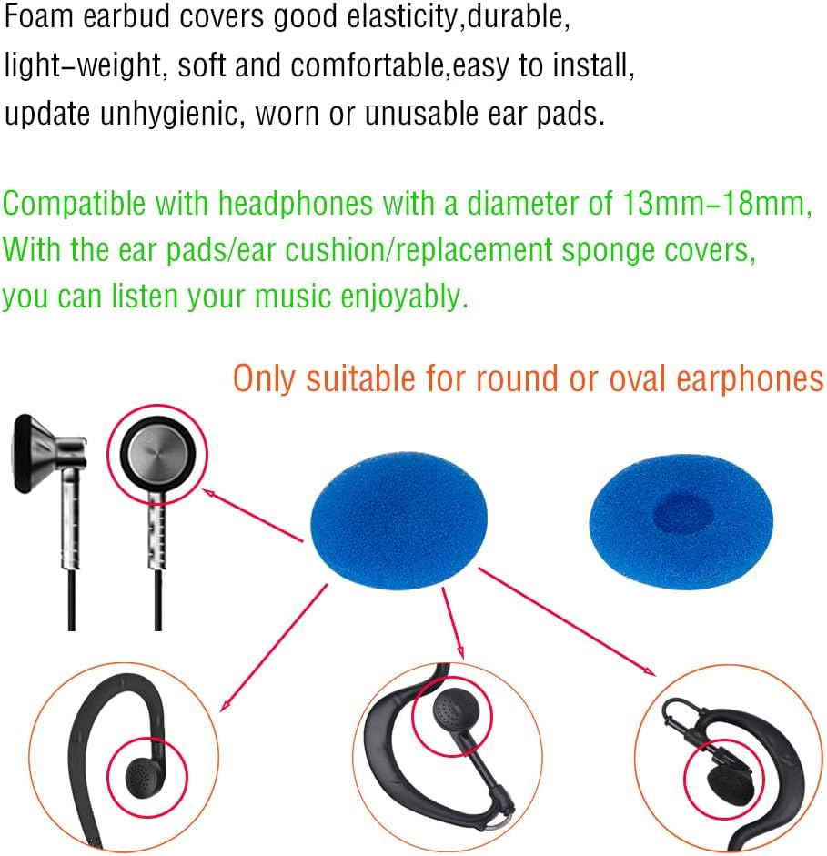 Puntas de repuesto para auriculares de espuma para auriculares de 0.51 a 0.71 pulgadas de diámetro, auriculares de radio bidireccional, walkie