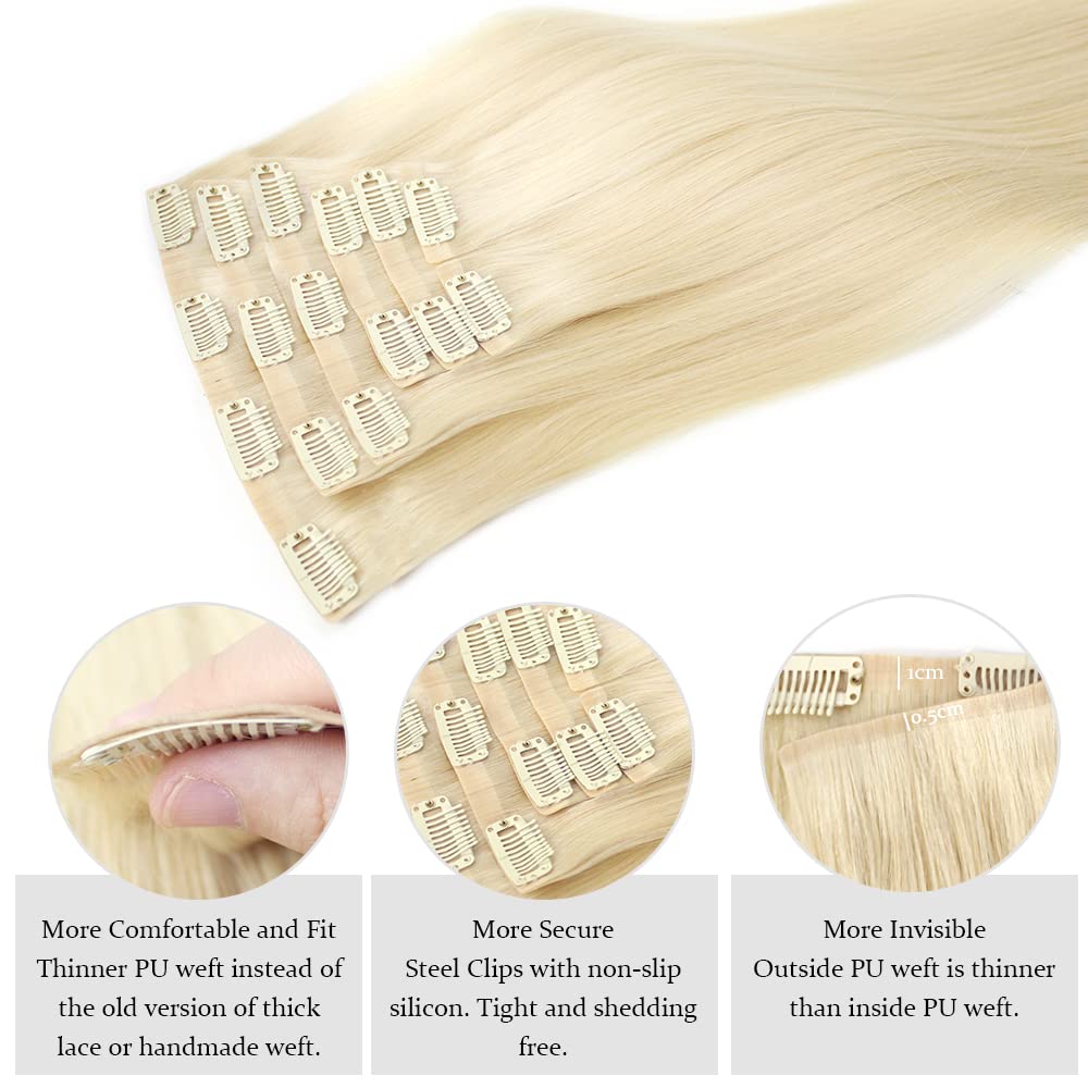 Extensiones de cabello real con broches, con clips de poliuretano, extensiones de cabello sin costuras, color rubio platino, #60, 16 pulgadas, 4.33