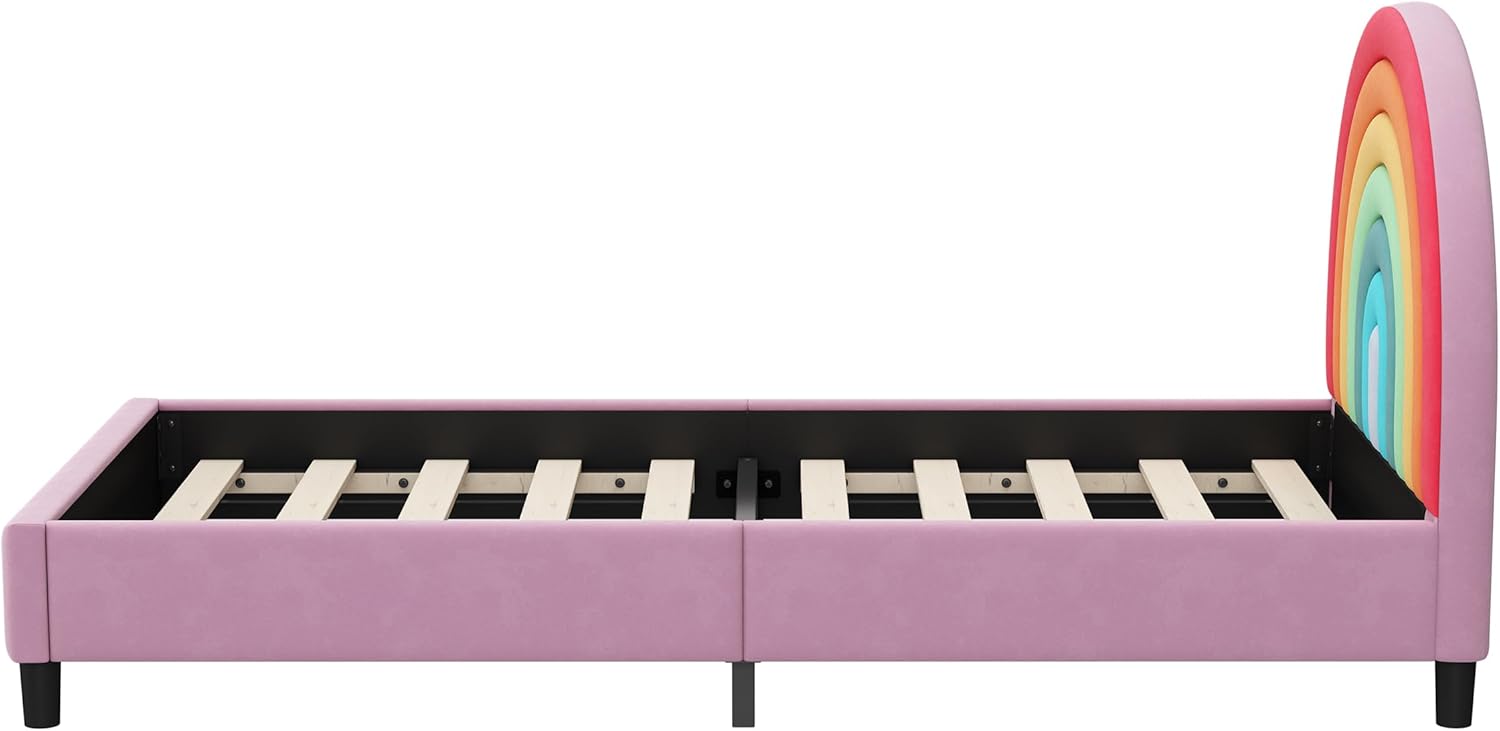 SOFTSEA Marco de cama tamaño individual, marco de cama individual para niños, cama de plataforma tapizada tamaño individual con cabecera arcoíris,
