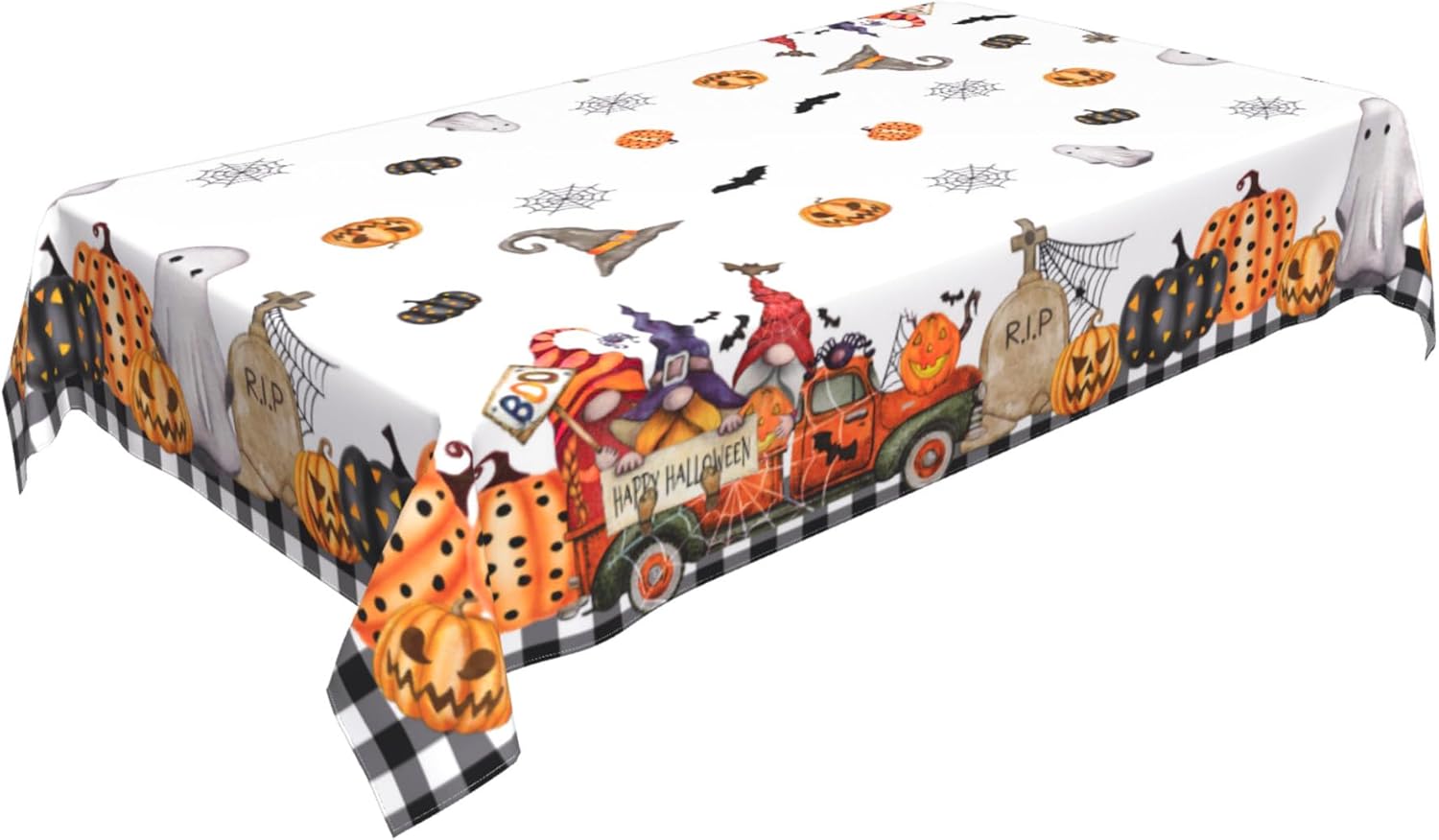 Mantel de Halloween blanco con diseño de telaraña de calabaza, fantasma, diseño a cuadros, 60 x 102 pulgadas, rectangular, de poliéster, repelente