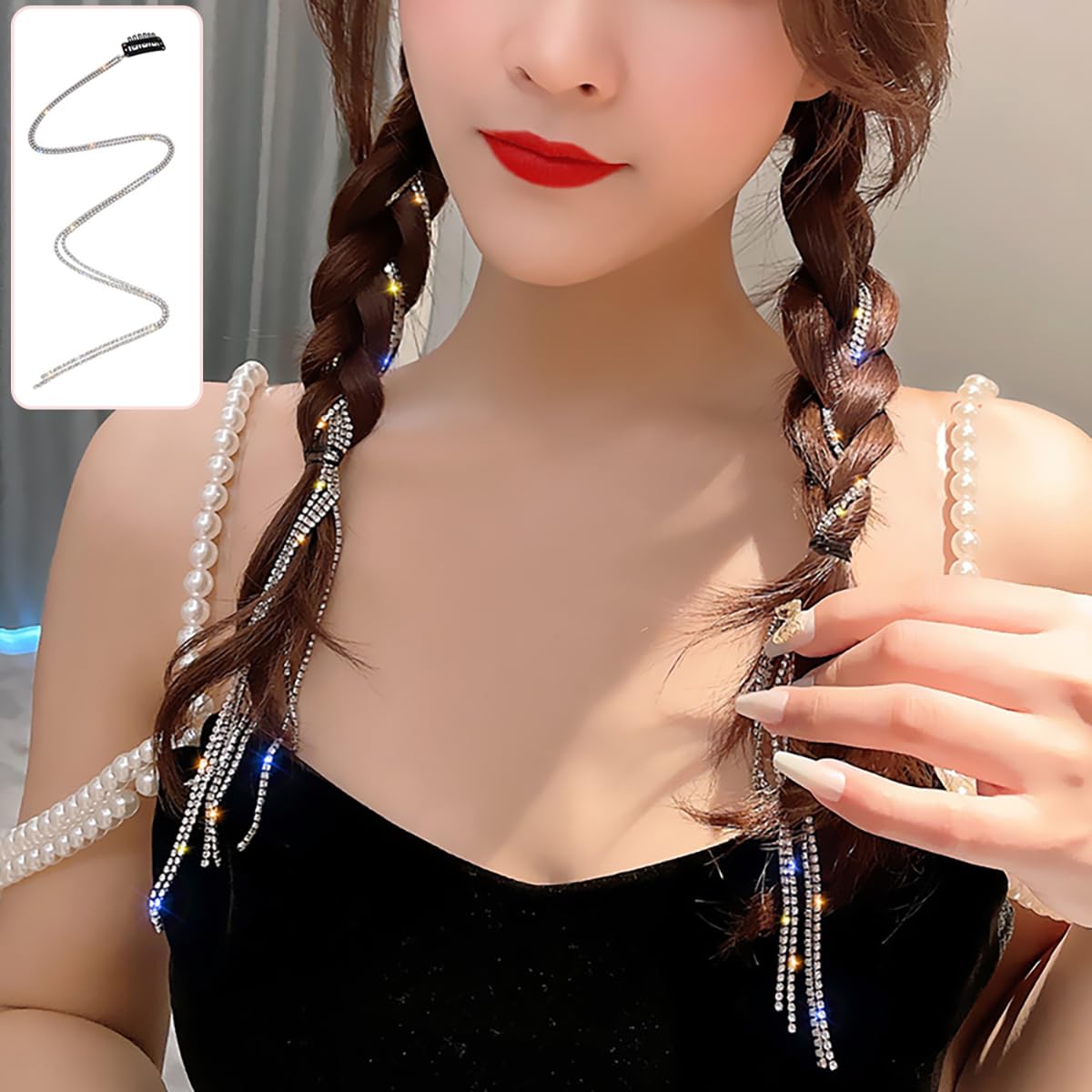 Cadenas para el cabello para mujer, extensiones de cabello con diamantes de imitación, pinzas para trenzar punk, largas con borlas, joyería para el