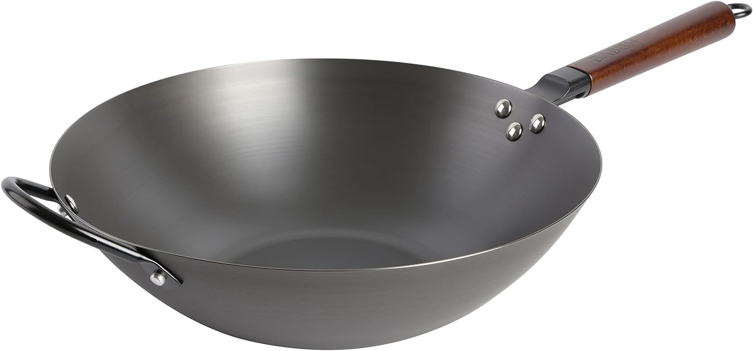 Babish Wok de fondo plano de acero al carbono y sartén para freír, juego de batidor pequeño de acero inoxidable de 14 pulgadas y 2 piezas