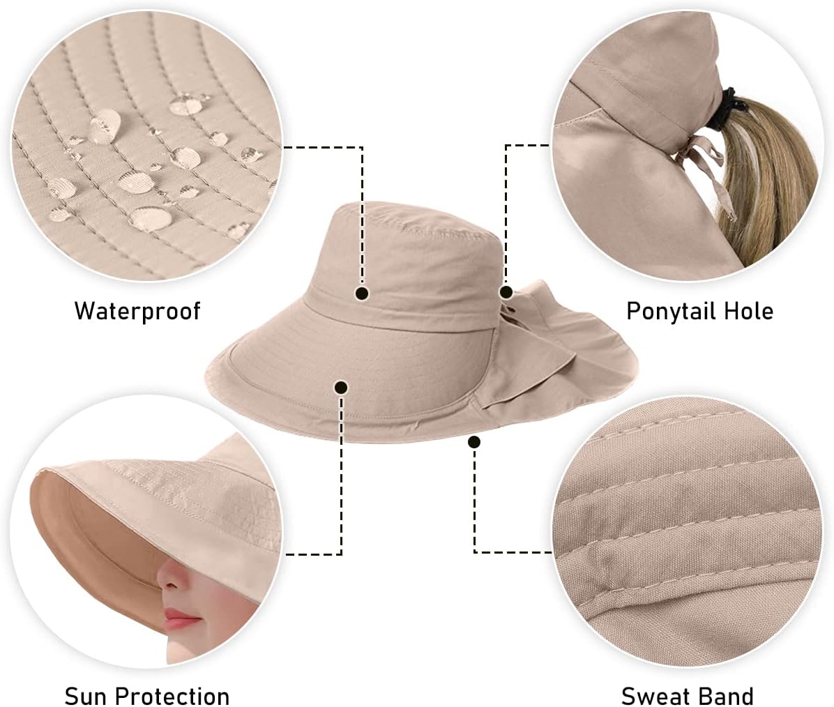 Paquete de 3 sombreros para mujer con solapa para el cuello, ala ancha, protección UV, sombrero de pescador, verano, playa, pesca, senderismo,