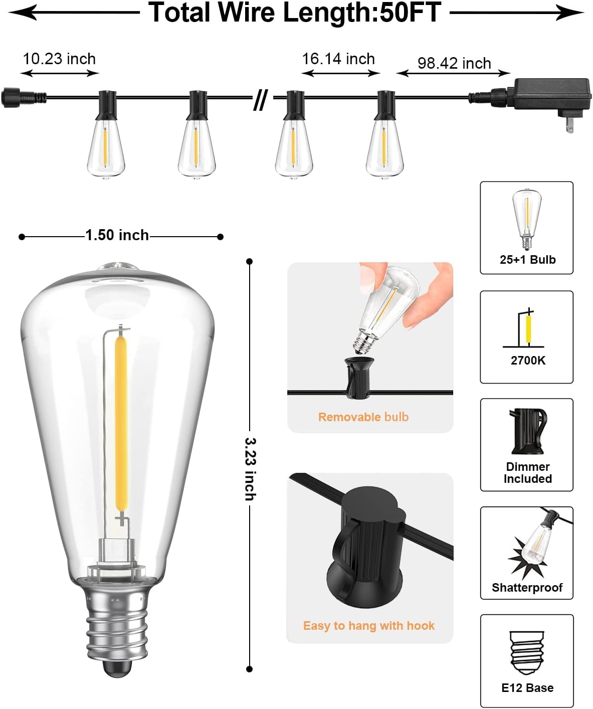 doopo Tira de luces para exteriores de 50 pies con atenuador, luces de patio ST38 con 25+1 bombillas LED regulables, inastillables, ahorro de
