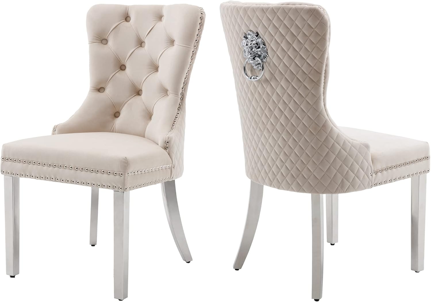 KCC Juego de 2 sillas de comedor tapizadas de terciopelo, modernas sillas capitoné con botones con anillo de cabeza de león y patas de acero