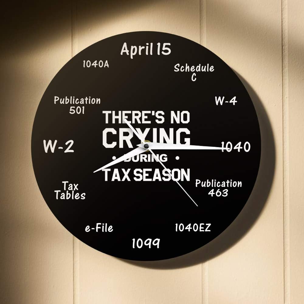 Reloj de temporada de impuestos, 12 x 12 pulgadas, negro, analógico, funciona con pilas, movimiento de cuarzo, tic silencioso, divertida decoración