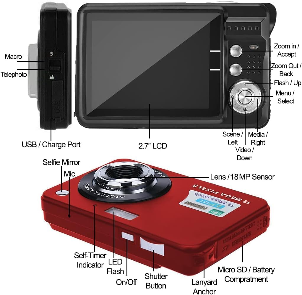 Kit de cámara digital de megapíxeles de 18 MP con pantalla LCD de 2.7 pulgadas, batería recargable, tarjeta SD de 32 GB, soporte para tarjetas,