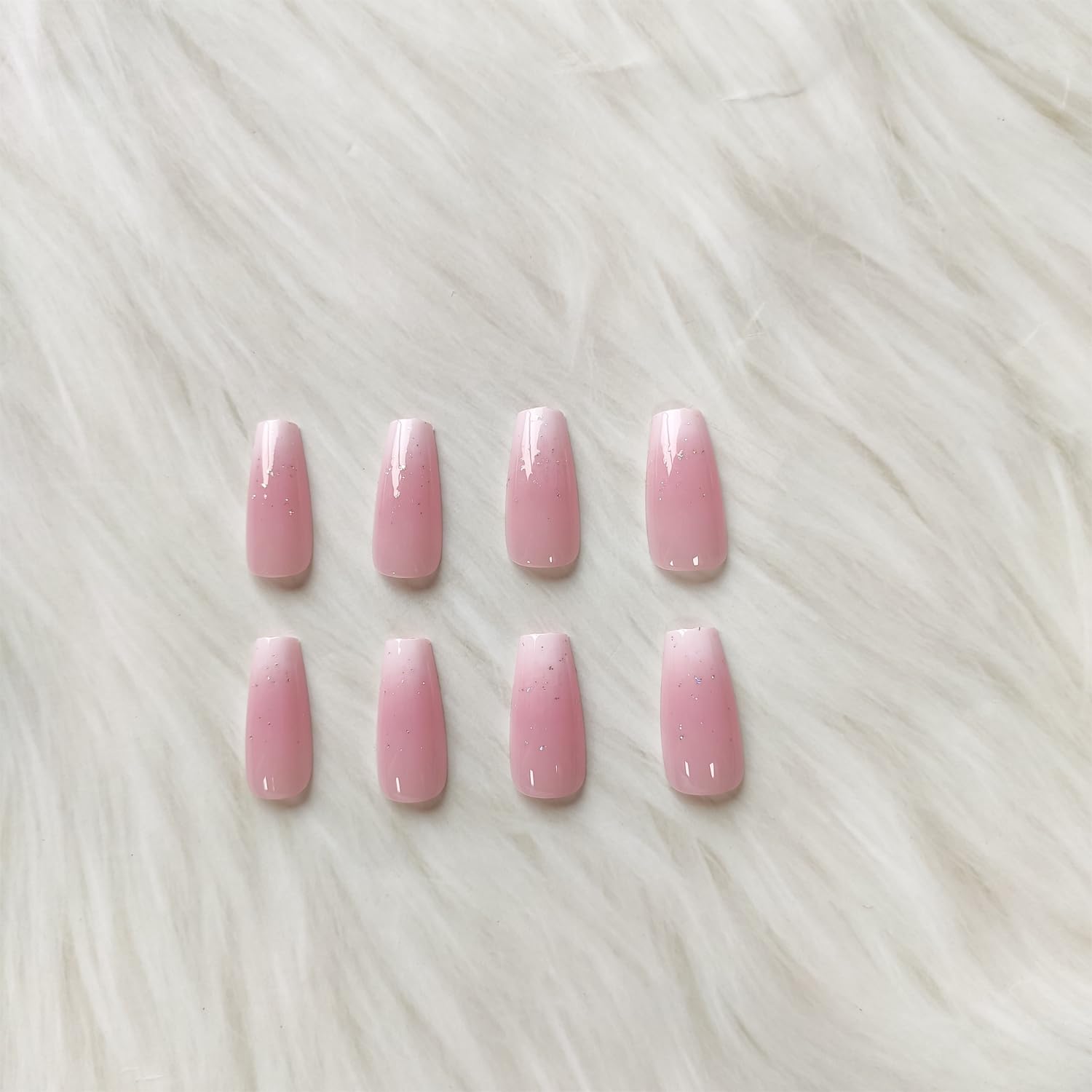 Uñas postizas rosadas a presión de longitud media, uñas postizas de ataúd con diseños de brillantina, uñas acrílicas nude, uñas con pegamento