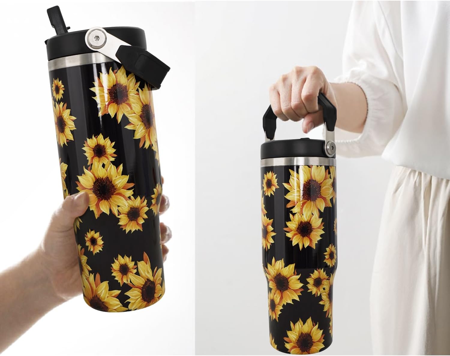 Vaso de girasol negro, regalos de girasol para mujeres, taza de café con girasol aislada de 30 onzas, taza, botella de agua, vasos para beber,