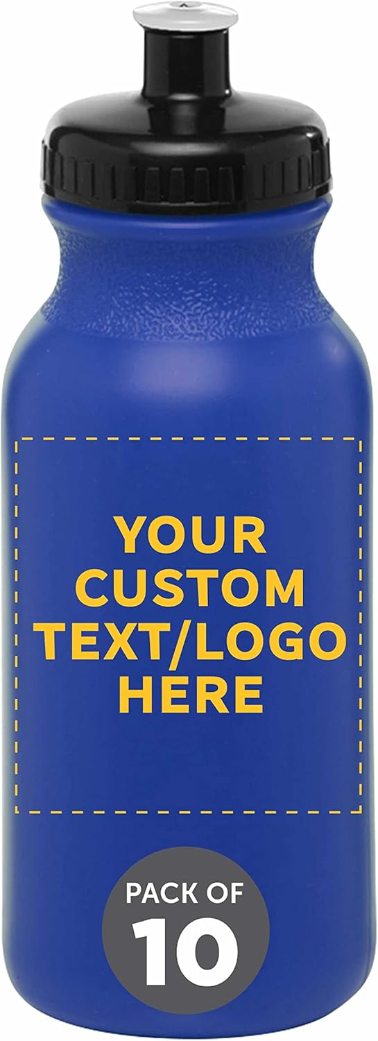 DISCOUNT PROMOS Juego de 10 botellas de agua personalizadas de 20 onzas con tapa a presión, paquete personalizado a granel, perfectas para gimnasio,