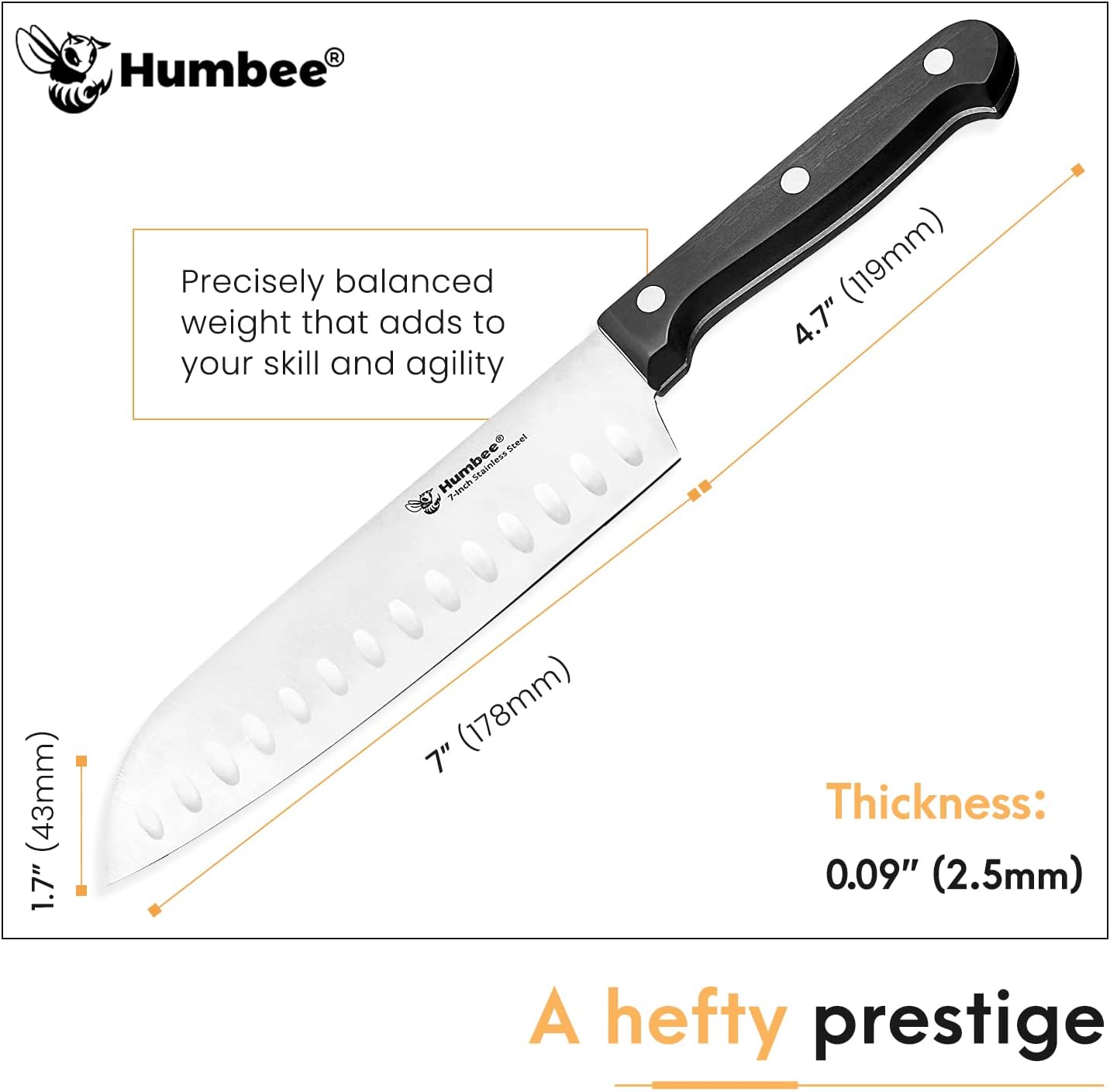Humbee, Cuchillo Santoku de acero inoxidable de 7.5 pulgadas, cuchillo de chef japonés ultra afilado, cuchillo de cocina de agarre cómodo
