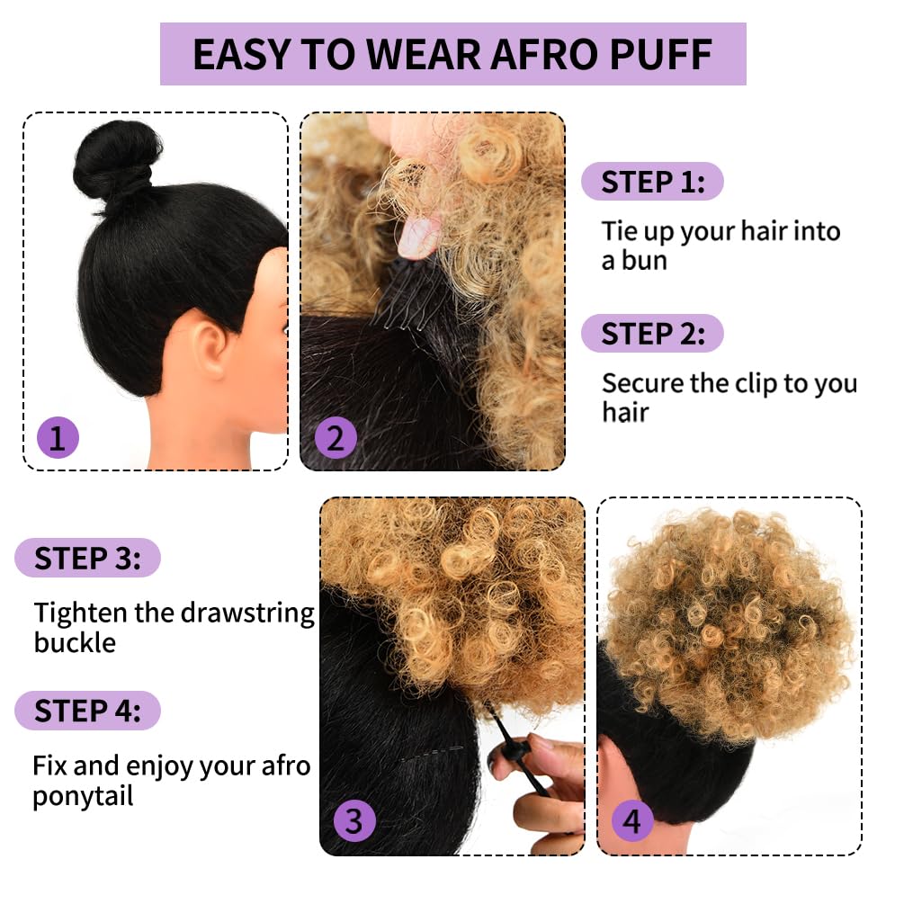 Cola de caballo afro con cordón para mujeres negras, cola de caballo afro rizada corta afro coleta de pelo sintético, color negro a marrón miel,