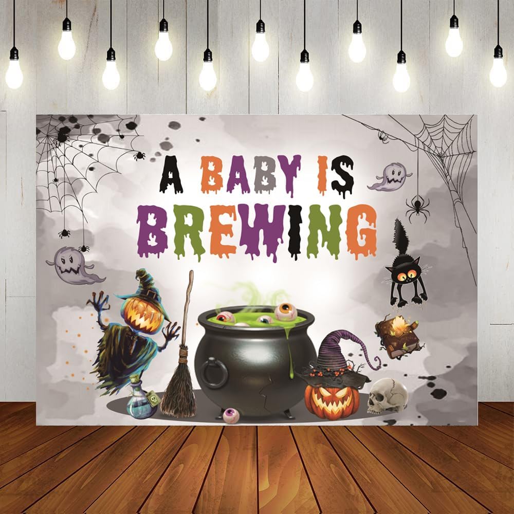 Masxkle Telón de fondo de Halloween para baby shower con texto en inglés “A Baby is Brewing”, pancarta de fiesta temática mágica de calabaza,