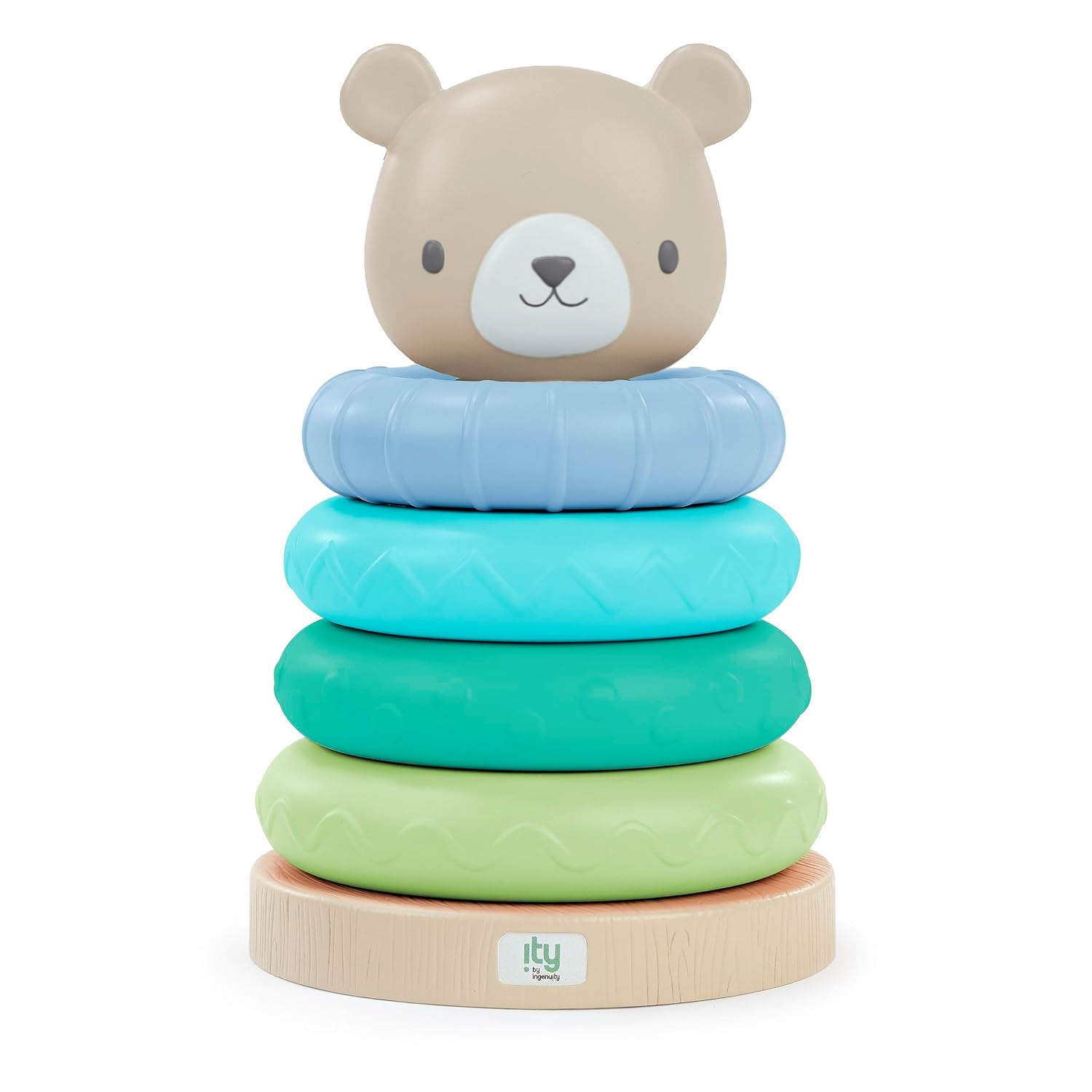 Ingenuity ity by Ingenuity Cutie Stacks, 4 anillos sin BPA, soporte de madera sintética, cubierta de oso, unisex, para edades de 6 meses en adelante