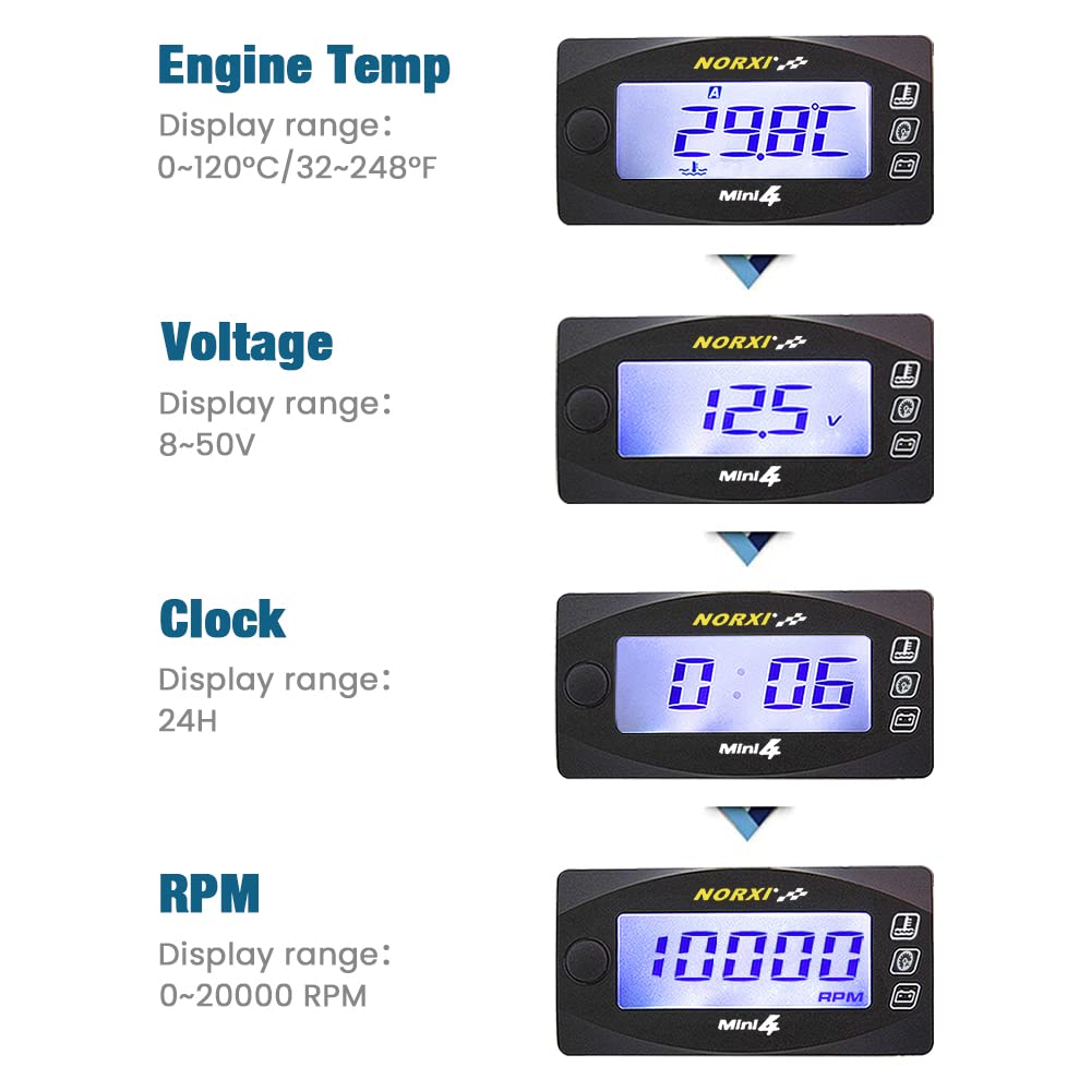 Medidor multifunción 4 en 1 para motocicleta, mini 13.1 ft (tacómetro RPM+temperatura de culata+voltímetro+reloj) Medidor multifuncional 4 en 1