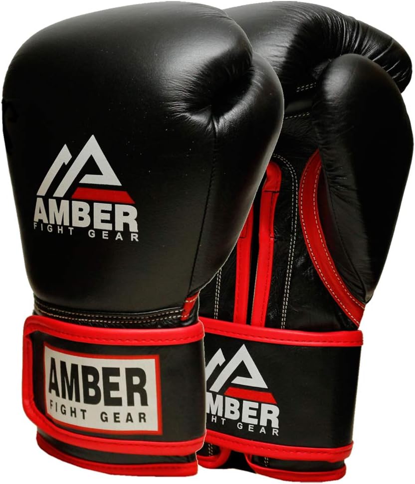 Amber Fight Gear Guantes de boxeo profesionales de cuero con gancho y bucle, guantes de boxeo para entrenamiento de kickboxing, guantes negros de 16