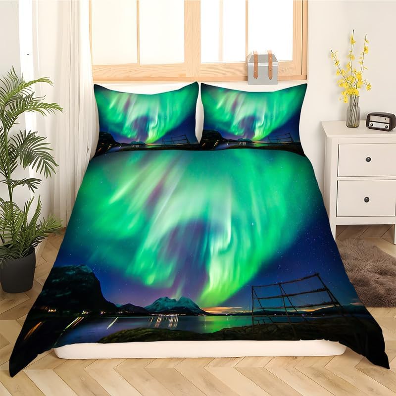 Dark Blue Aurora Twin Duvet Cover Landscape Print Twin Bedding Sets Soft Microfiber Comforter Cover and 2 Pillow Shams 20″X26″, Bed Set Duvet Covers