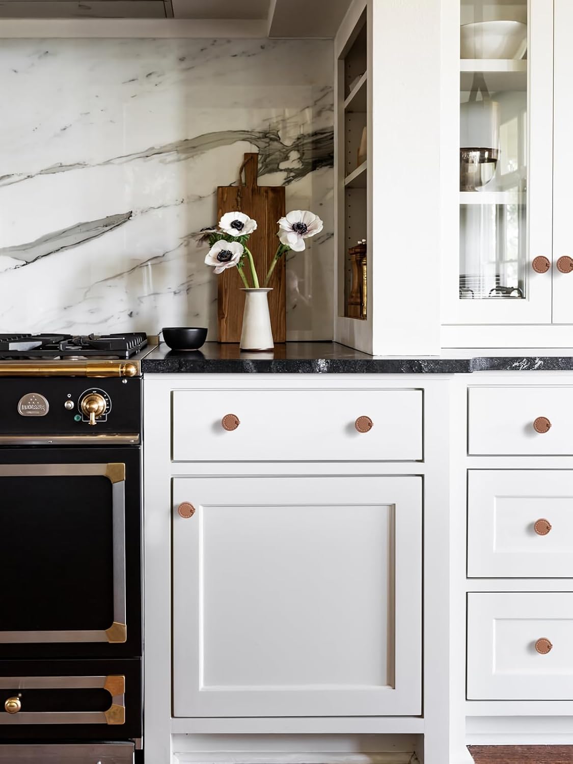 Paquete de 5 tiradores redondos de cuero marrón para cajones de cocina, tocador de baño, pomos de gabinete