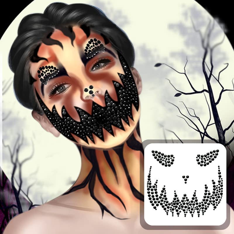 4 juegos de joyas de cara de Halloween con purpurina y esqueleto de azúcar, gemas para festivales, cristales, tatuajes faciales, calcomanías, ojos,