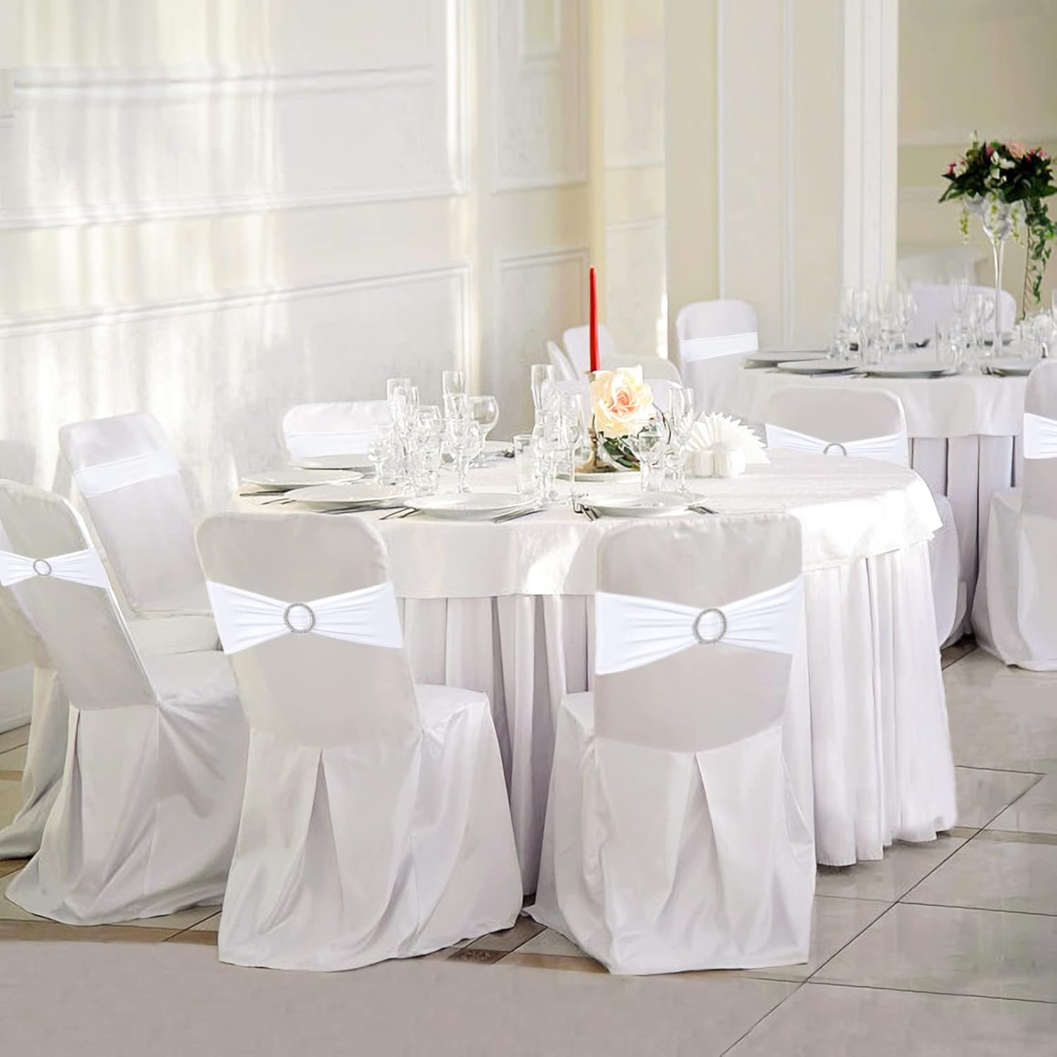 Zhongyuan Bandas elásticas de elastano para silla, lazos elásticos con hebilla para decoración de bodas, banquetes, fiestas, eventos (blanco, 25