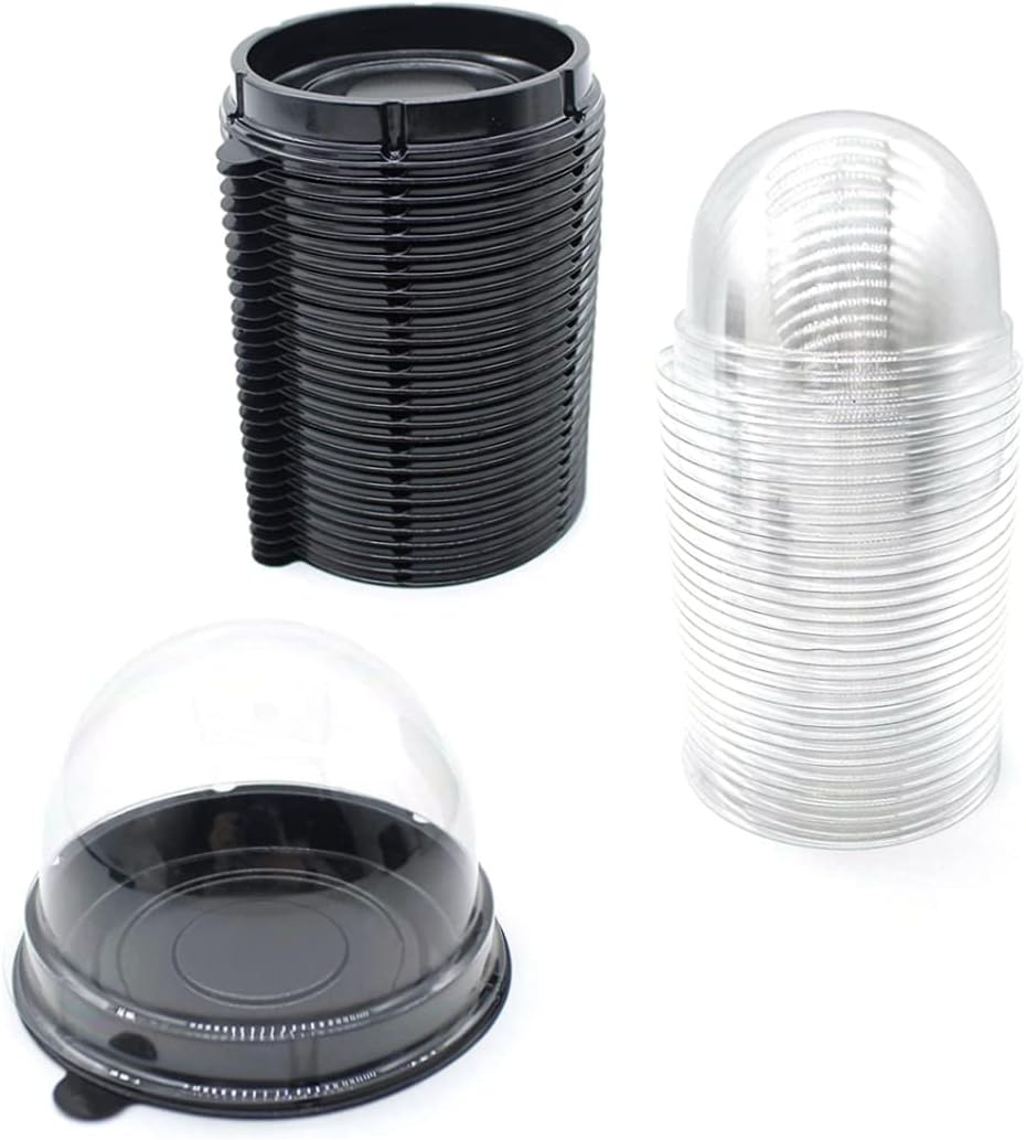 Caja de embalaje Mini contenedor para tartas Mooncake Dome Box Muffin Pod Holder Plástico transparente individual con base negra, 50 unidades