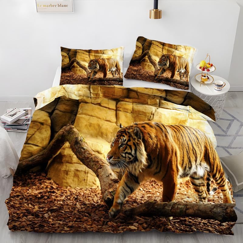 Khaki Tiger California King Duvet Cover Animal Print Bedding Soft Microfiber Comforter Cover and 2 Pillow Shams 20″X36″, Bed Set Duvet Covers with