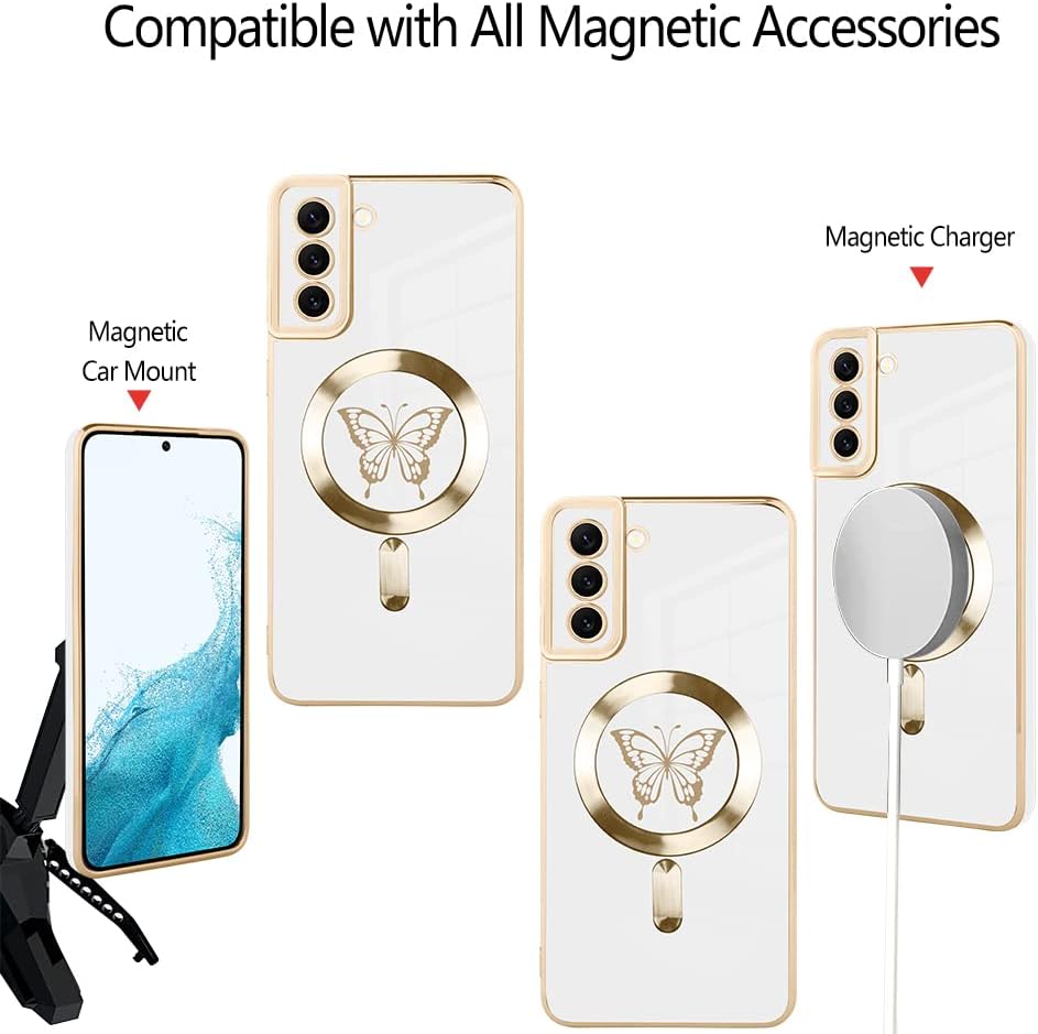 Fiyart Diseñada para Samsung S22, compatible con carga inalámbrica magnética, bonita funda de teléfono con protección de lente de cámara para