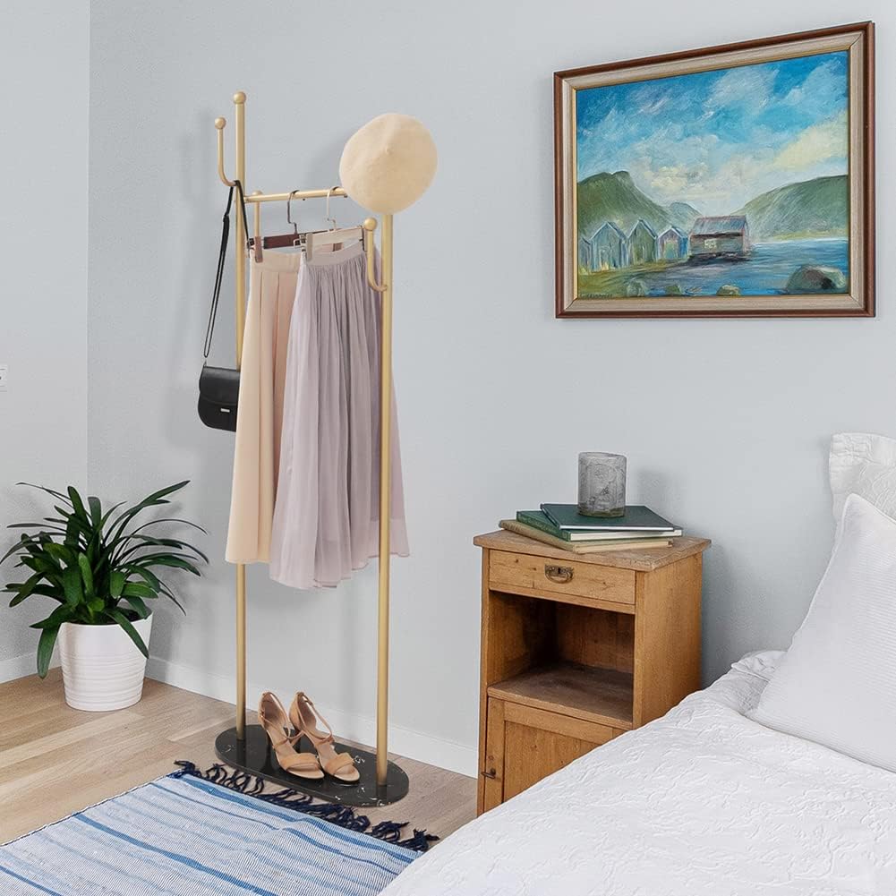 Perchero para ropa con base de mármol, soporte de metal dorado para colgar ropa para dormitorio, perchero de pie, perchero resistente independiente