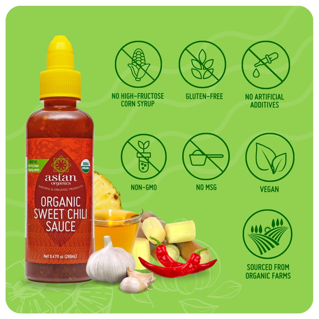 Asian Organics Salsa de chile dulce tailandés  Salsa orgánica de chile dulce  Salsa de chile asiático 100% orgánica certificada por USDA, sin MSG,