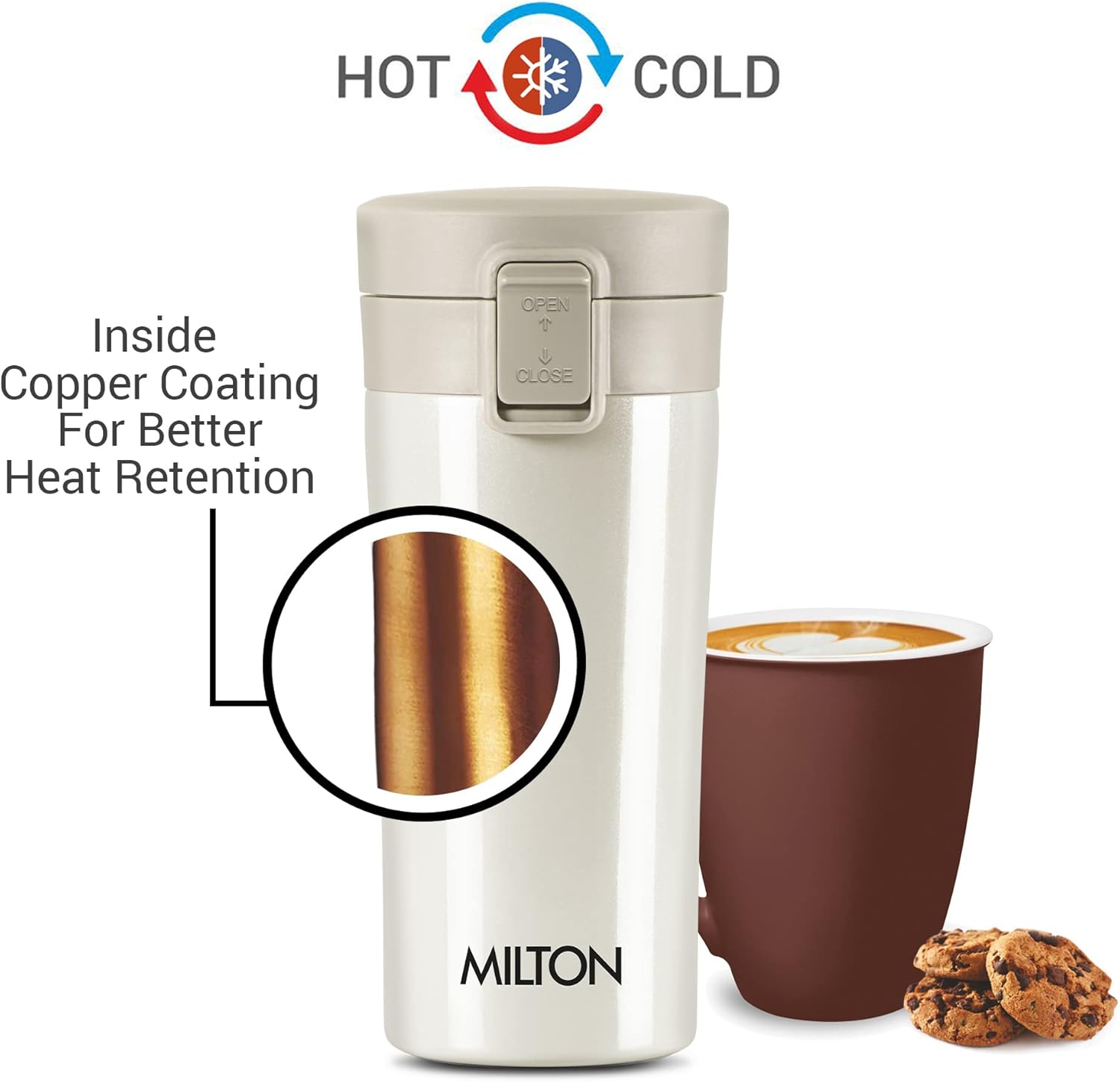 Milton Thermosteel – Taza de café aislada al vacío, 10.1 fl oz, crema, frasco para bebidas calientes y frías, a prueba de fugas, a prueba de óxido,