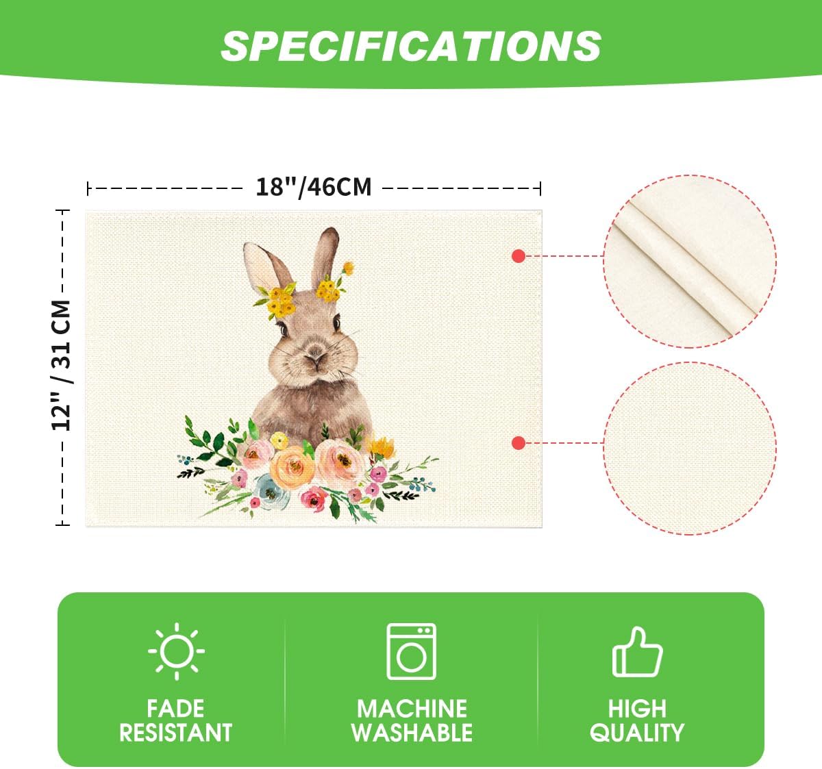 Artoid Mode Juego de 4 manteles individuales de Pascua con diseño de conejo y flores para mesa de comedor, 12 x 18 pulgadas, para primavera, verano,