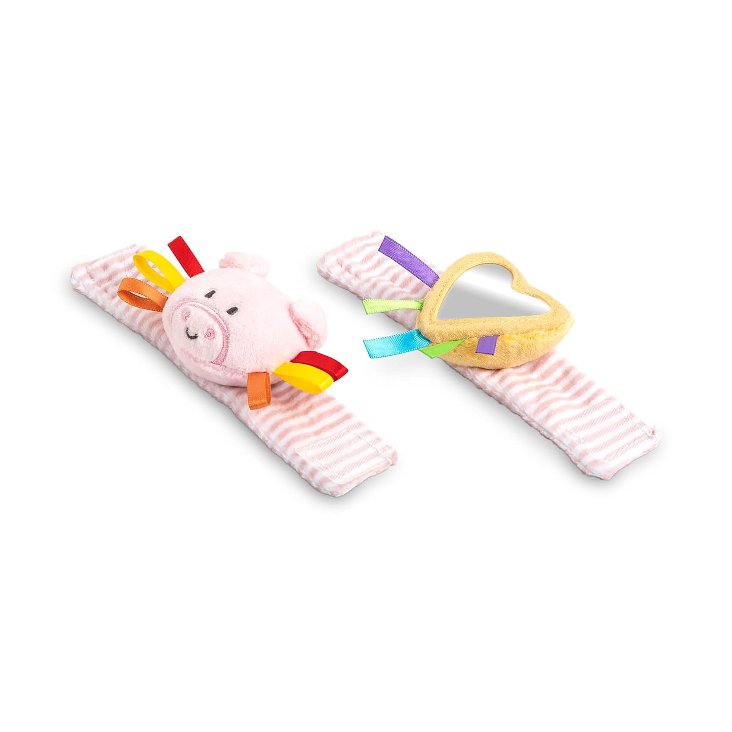 DEMDACO Juego de actividades de sonajero y espejo de muñeca de bebé de 3 a 6 meses de color rosa y amarillo