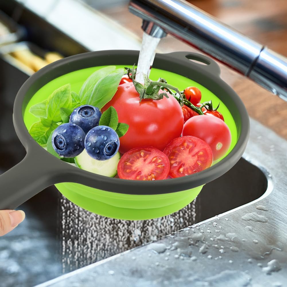 Colador plegable para cocina, 3 tamaños, juego de cestas de colador plegable de silicona con asas, escurridor redondo para lavar frutas, alimentos y