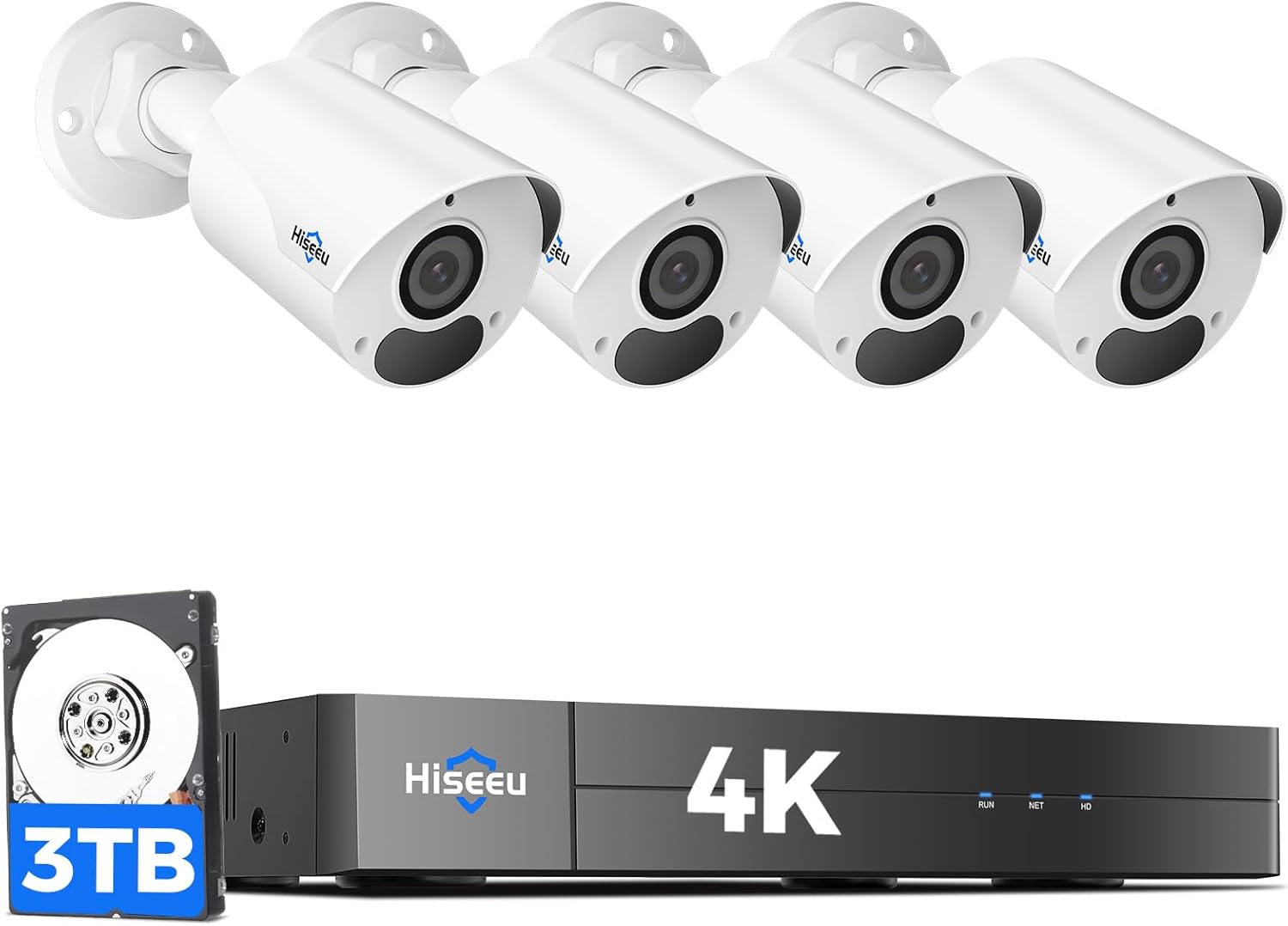 4K HD+3TB HDD Sistema de cámara de seguridad Hiseeu 4K PoE, sistema de cámara de seguridad PoE con 4 cámaras IP PoE, visión amplia de 121,